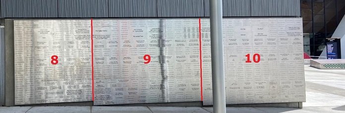 West Donor Wall with sections 8-10 outlined