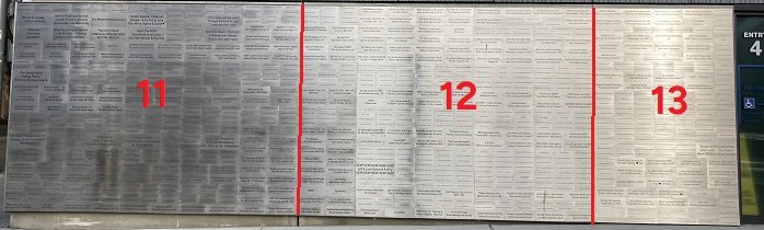 South Donor Wall with sections 11-13 outlined